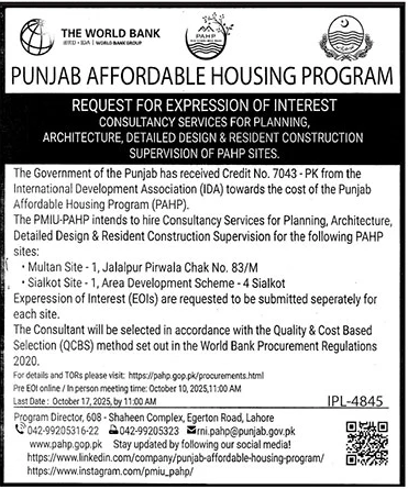 Punjab Affordable Housing Program Lahore Tender Notice